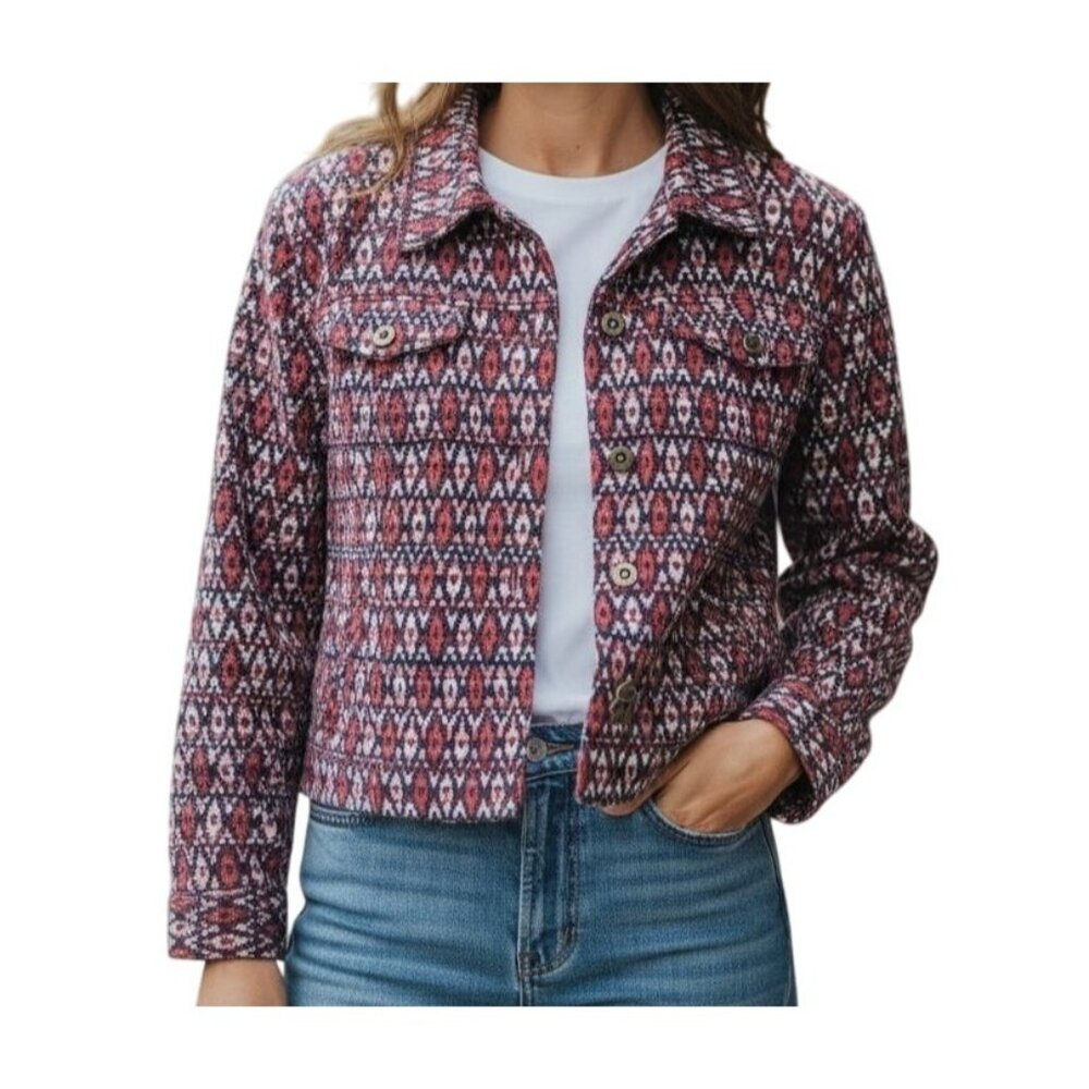 Ruby Rd women jacket size 16 red white blue geometric pockets long sleeve